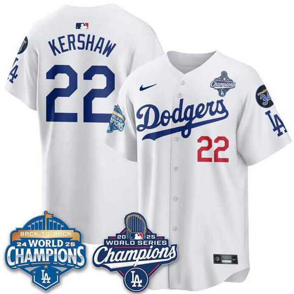 Men's White Los Angeles Dodgers #22 Clayton Kershaw 2025 World Series Champions & Back to Back Champions With No.34 Patch Limited Stitched Baseball Jersey